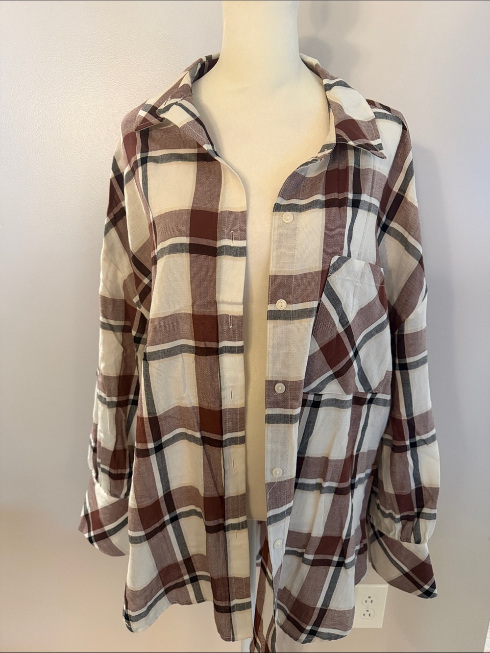 Sanctuary Plaid Long Sleeve Shirt in maroon and White